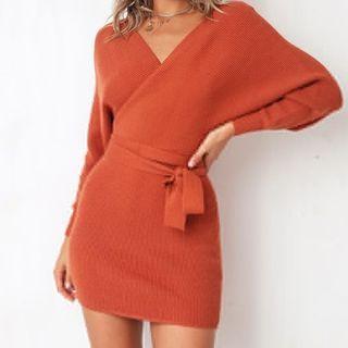 Long-sleeve Tie-waist Mini Knit Sheath Dress