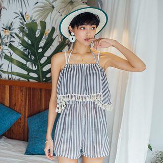 Set : Pinstripe Bikini + Tasseled Cover-up