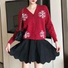 Snowflake Pattern Cardigan / Scallop Trim A-line Skirt