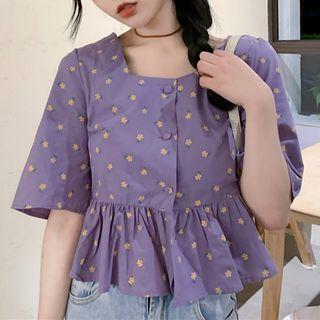 Short-sleeve Floral Print Frill Trim Crop Top