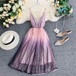 Sleeveless Mesh Overlay A-line Midi Dress Pink - One Size