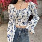 Flower Print Cropped Blouse Blue Floral - White - One Size