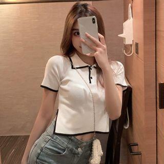 Cropped Side-slit Knit Polo Top