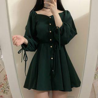 Puff-sleeve Boatneck Mini A-line Dress