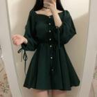 Puff-sleeve Boatneck Mini A-line Dress