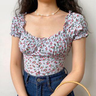French Blue Floral Lace Trim Breasted Short-sleeve Low Cut Top