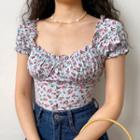 French Blue Floral Lace Trim Breasted Short-sleeve Low Cut Top