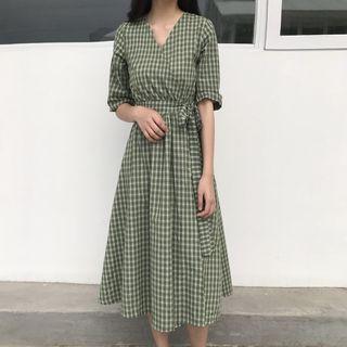 Elbow-sleeve Plaid Midi A-line Dress Plaid - Green - One Size