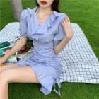 Balloon-sleeve Drawstring Shirred A-line Dress