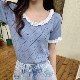 Short-sleeve Frill Trim Perforated Knit Top