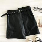 Asymmetric High-waist Faux Leather A-line Skirt With Belt