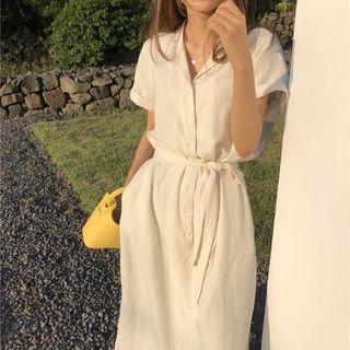Short-sleeve Maxi Shirtdress With Sash Beige Almond - One Size