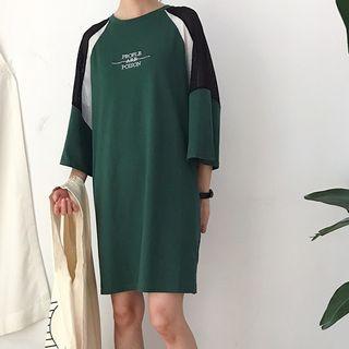 Mesh Panel Letter Embroidered 3/4 Sleeve T-shirt Dress