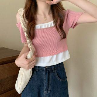Short-sleeve Cutout Mock Two Piece Cropped Top
