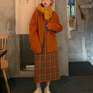 Single-breasted Coat / Plaid Midi Shift Skirt