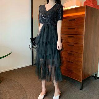 Mesh Panel Short-sleeve Midi A-line Dress Black - One Size