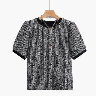 Patterned Short-sleeve Knit Top Stripe - White - One Size
