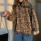 Faux Fur Leopard Print Zip Jacket As Shown In Figure - One Size