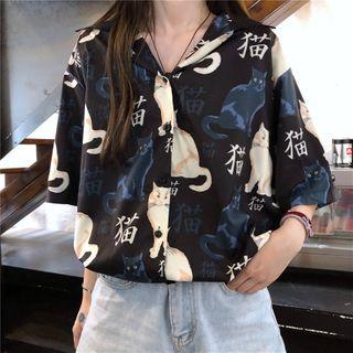 Short Sleeve Cat Print Shirt