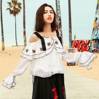 Embroidered Long-sleeve Off-shoulder Blouse