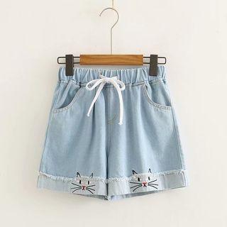 Cat Embroidered Demin Shorts