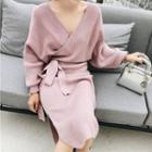 Long-sleeve Tie-waist Midi Knit Dress Mauve - One Size