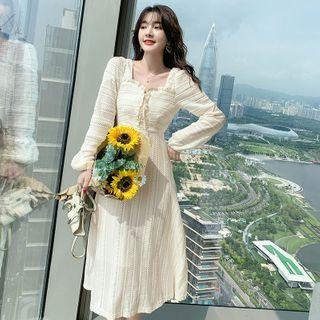 Long-sleeve Striped Square-neck Midi Dress