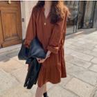 Long-sleeve V-neck Plain Dress Brown - One Size