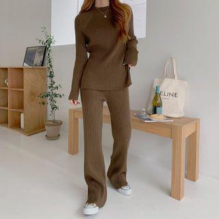 Set: Raglan-sleeve Rib-knit Top + Rib-knit Pants