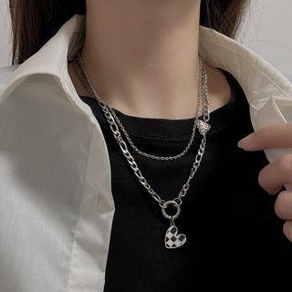 Heart Checker Pendant Layered Stainless Steel Necklace Silver - One Size