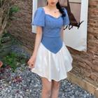 Puff-sleeve Two-tone Panel Mini A-line Dress