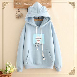 Ear-accent Hood Printed Fleece-lined Hoodie