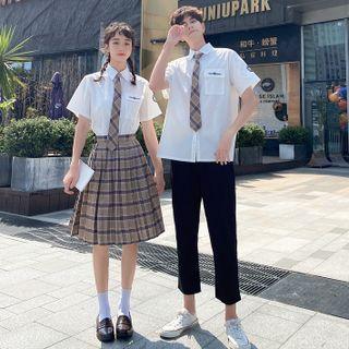 Short-sleeve Shirt / Plaid Skirt / Cropped Pants / Tie