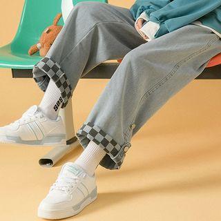 Checkerboard Hem Straight Leg Jeans
