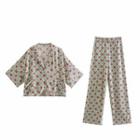 Elbow-sleeve Floral Print Shirt / Wide-leg Pants