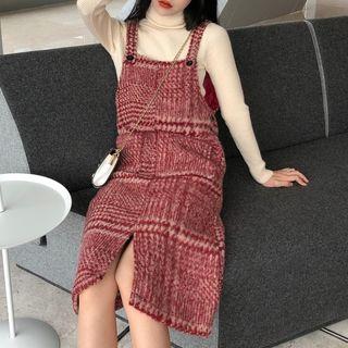 Turtleneck Long-sleeve Knit Top / Plaid Knitted Pinafore Dress