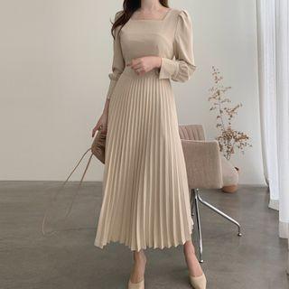 Long-sleeve Accordion-pleat Midi A-line Dress