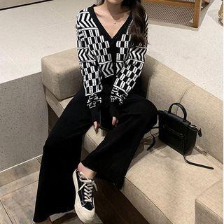 Plaid Cardigan / Wide-leg Pants / Set