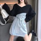 Long-sleeve T-shirt / Asymmetric Washed A-line Denim Skirt / Set