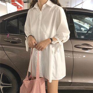 3/4 Sleeve Mini Shirt Dress White - One Size