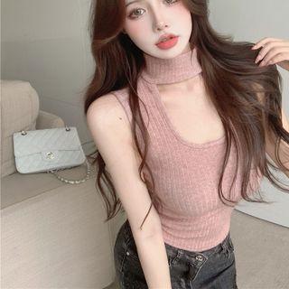 Choker-neck Ribbed Sleeveless Knit Top