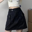 Zip-front Front Pocket Belted Pencil Skirt