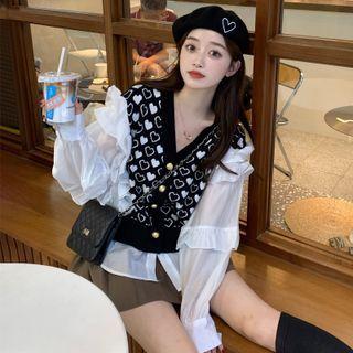 Mock Two-piece Long-sleeve Ruffled Heart Print Blouse