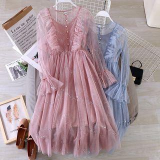 Set: Bell-sleeve Maxi Mesh Dress + Spaghetti Strap Dress