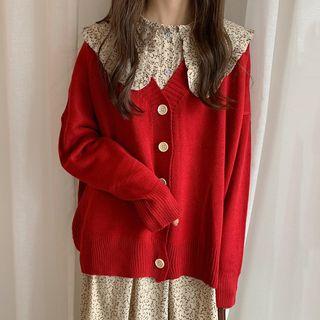 V-neck Cardigan / Floral Long-sleeve A-line Dress