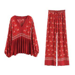 Lantern-sleeve Printed Top / Printed Wide Leg Pants