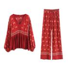 Lantern-sleeve Printed Top / Printed Wide Leg Pants