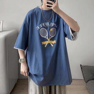 Elbow-sleeve Racket Print T-shirt