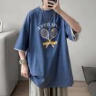 Elbow-sleeve Racket Print T-shirt