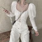 Lace-up Puff-sleeve Cropped Blouse As Shown In Figure - One Size